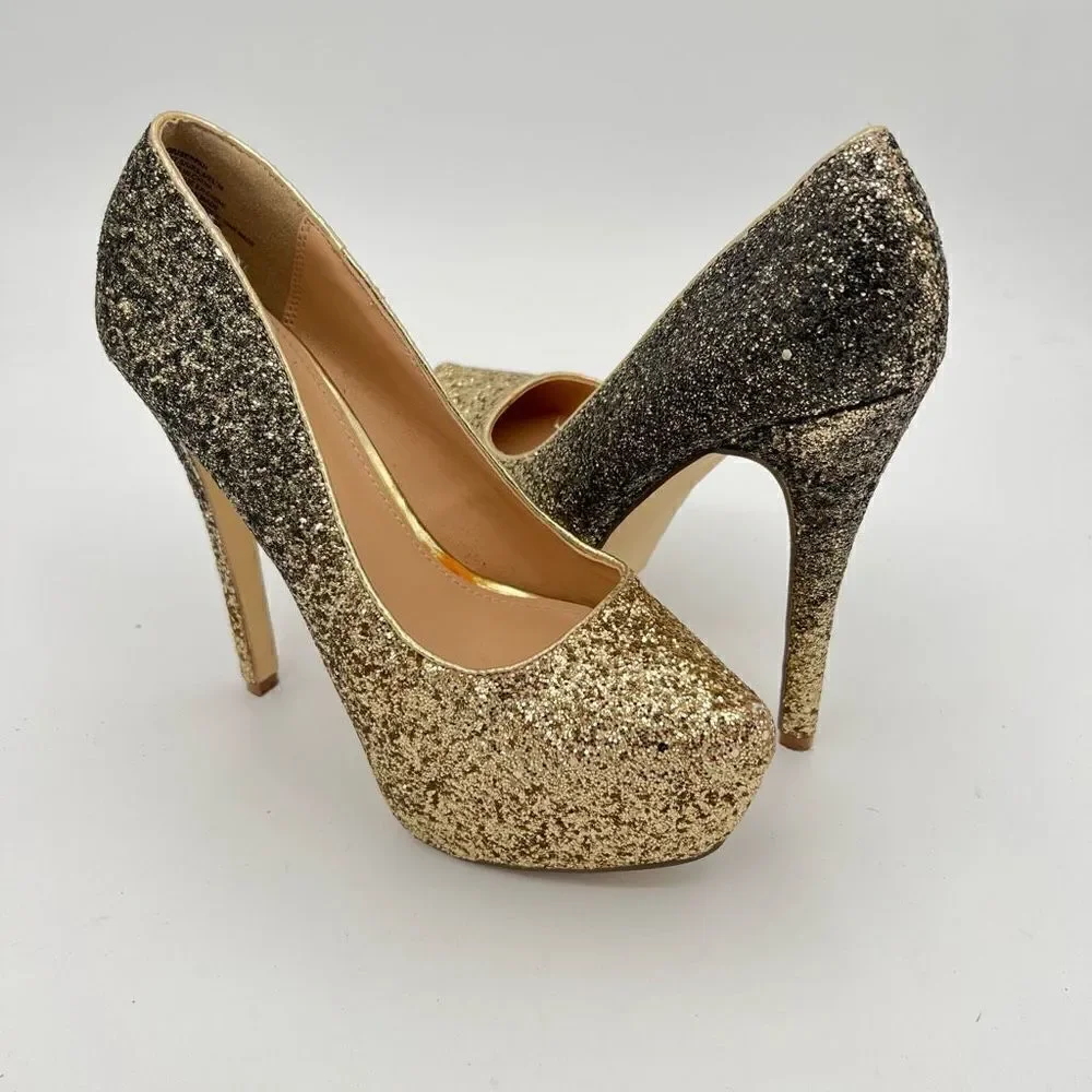 JUSTFAB Giuseppah Glitter Platform Pump GOLD Size 7.5 Sexy!